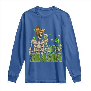 Irish Skeleton Mom Long Sleeve Shirt Lucky Mama Messy Bun Drinking Beer St Patrick's Day Mother's Day TS02 Royal Blue Print Your Wear