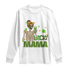 Irish Skeleton Mom Long Sleeve Shirt Lucky Mama Messy Bun Drinking Beer St Patrick's Day Mother's Day TS02 White Print Your Wear