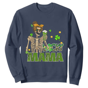 Irish Skeleton Mom Sweatshirt Lucky Mama Messy Bun Drinking Beer St Patrick's Day Mother's Day TS02 Navy Printyourwear
