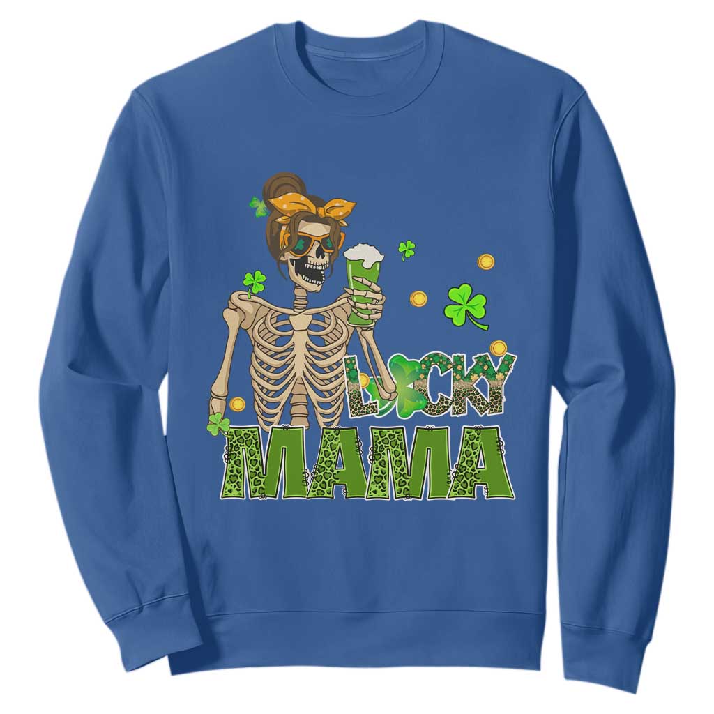 Irish Skeleton Mom Sweatshirt Lucky Mama Messy Bun Drinking Beer St Patrick's Day Mother's Day TS02 Royal Blue Printyourwear