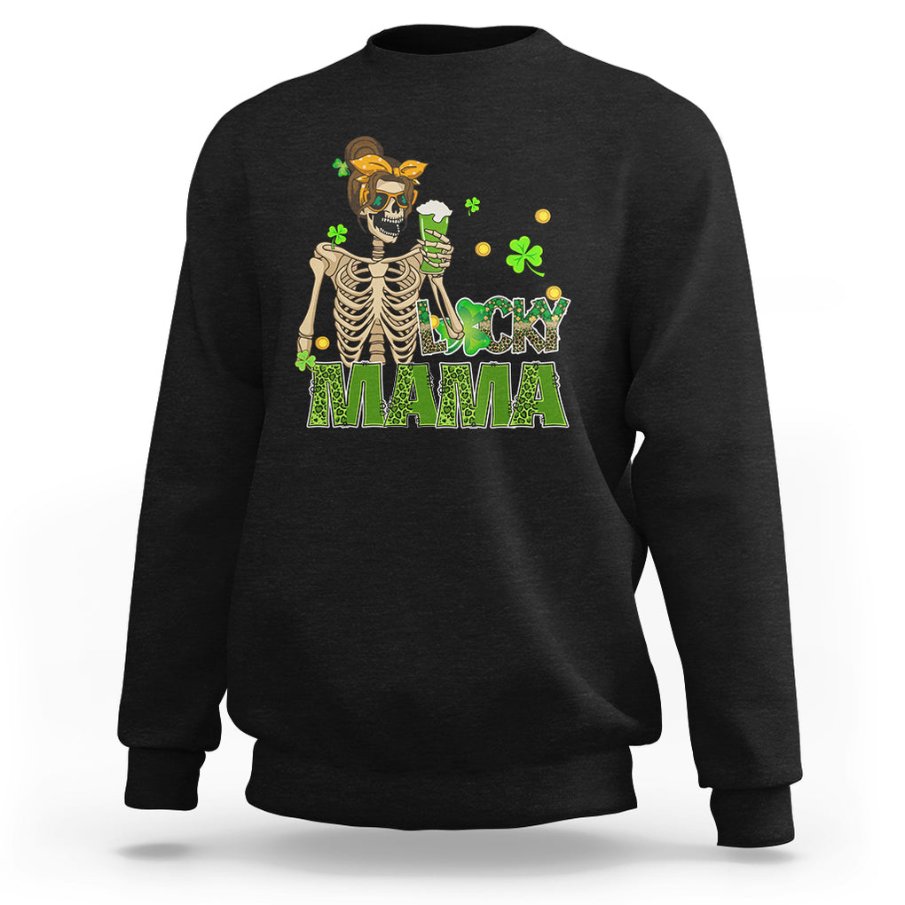 Irish Skeleton Mom Sweatshirt Lucky Mama Messy Bun Drinking Beer St Patrick's Day Mother's Day TS02 Black Printyourwear