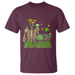 Irish Skeleton Mom T Shirt Lucky Mama Messy Bun Drinking Beer St Patrick's Day Mother's Day TS02 Maroon Printyourwear