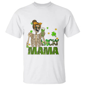 Irish Skeleton Mom T Shirt Lucky Mama Messy Bun Drinking Beer St Patrick's Day Mother's Day TS02 White Printyourwear