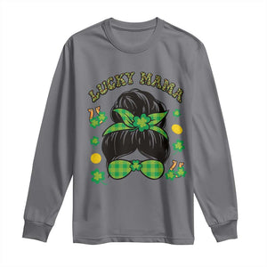 Funny St Patricks Day Long Sleeve Shirt Lucky Mama Messy Bun Mom TS02 Charcoal Print Your Wear