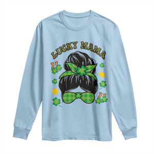 Funny St Patricks Day Long Sleeve Shirt Lucky Mama Messy Bun Mom TS02 Light Blue Print Your Wear