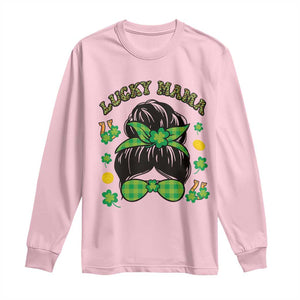 Funny St Patricks Day Long Sleeve Shirt Lucky Mama Messy Bun Mom TS02 Light Pink Print Your Wear