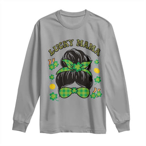 Funny St Patricks Day Long Sleeve Shirt Lucky Mama Messy Bun Mom TS02 Sport Gray Print Your Wear