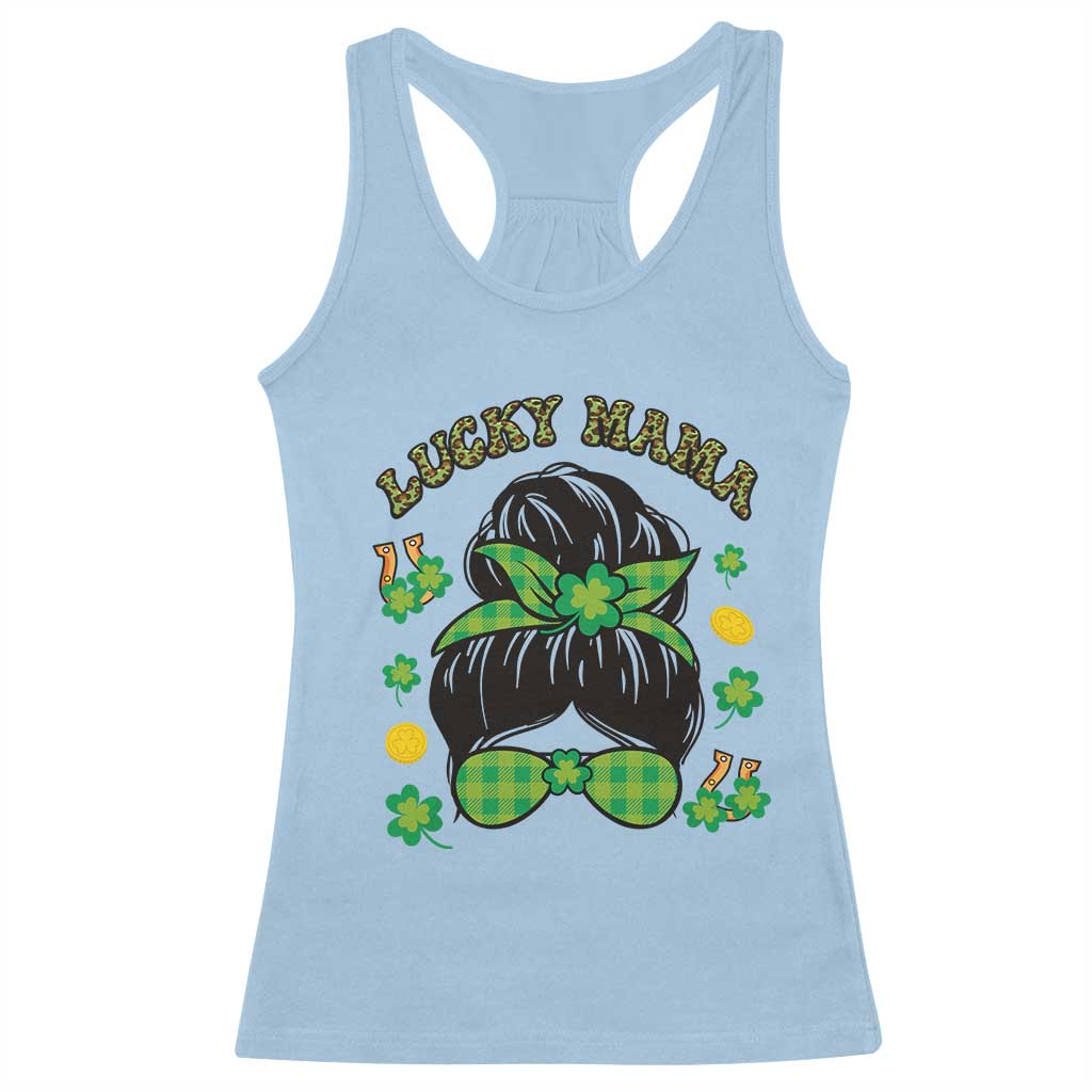 Funny St Patricks Day Racerback Tank Top Lucky Mama Messy Bun Mom TS02 Light Blue Print Your Wear