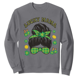 Funny St. Patricks Day Sweatshirt Lucky Mama Messy Bun Mom TS02 Charcoal Printyourwear