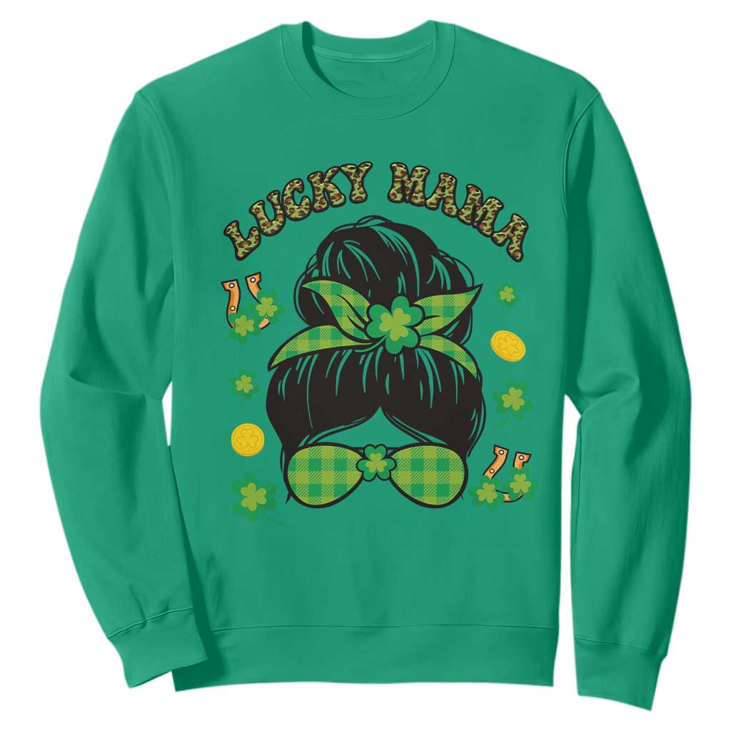 Funny St. Patricks Day Sweatshirt Lucky Mama Messy Bun Mom TS02 Irish Green Printyourwear