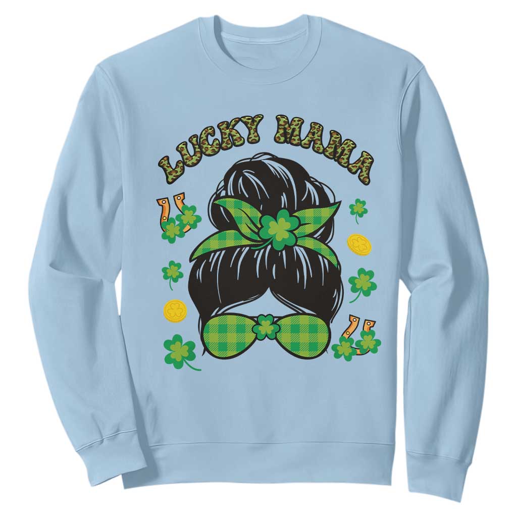 Funny St. Patricks Day Sweatshirt Lucky Mama Messy Bun Mom TS02 Light Blue Printyourwear