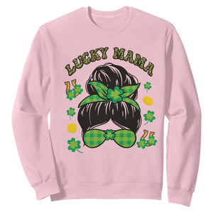 Funny St. Patricks Day Sweatshirt Lucky Mama Messy Bun Mom TS02 Light Pink Printyourwear