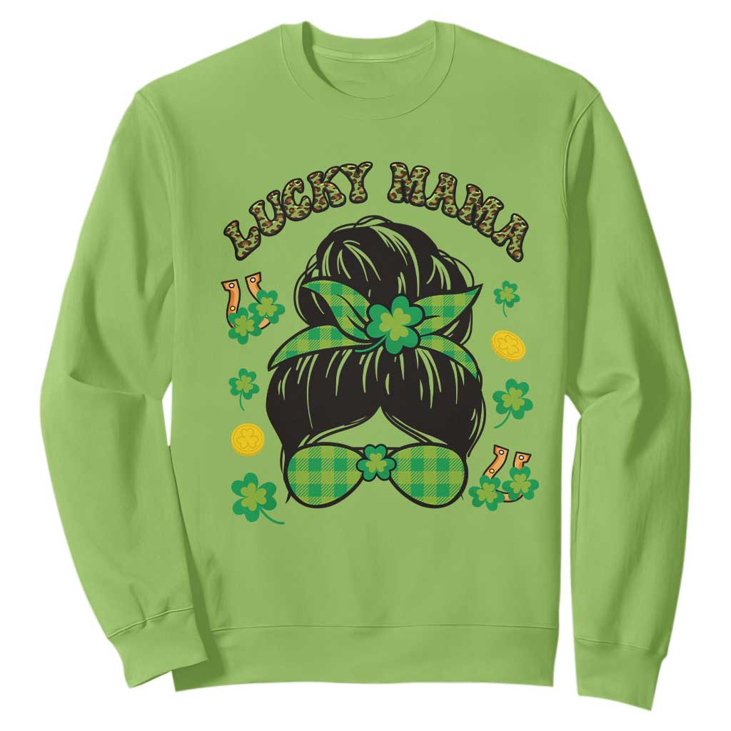Funny St. Patricks Day Sweatshirt Lucky Mama Messy Bun Mom TS02 Lime Printyourwear