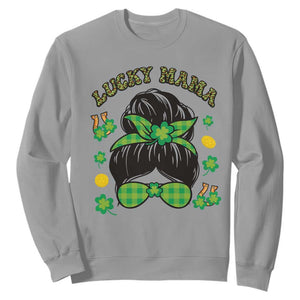 Funny St. Patricks Day Sweatshirt Lucky Mama Messy Bun Mom TS02 Sport Gray Printyourwear