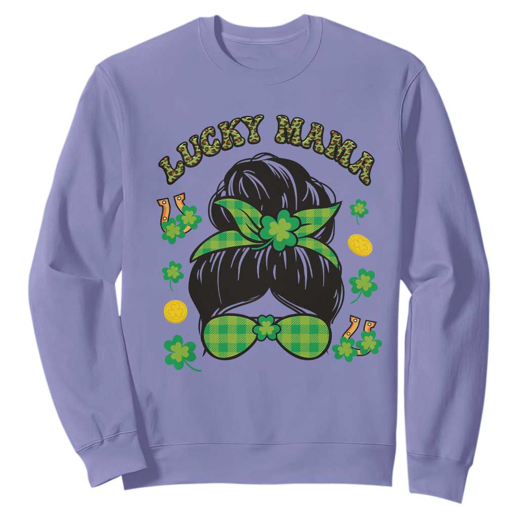 Funny St. Patricks Day Sweatshirt Lucky Mama Messy Bun Mom TS02 Violet Printyourwear