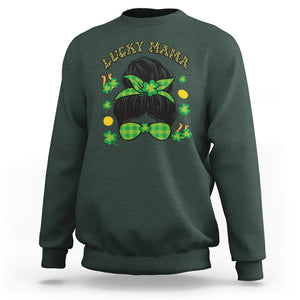 Funny St. Patricks Day Sweatshirt Lucky Mama Messy Bun Mom TS02 Dark Forest Green Printyourwear