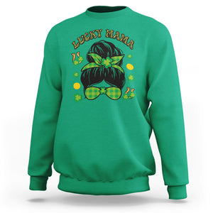 Funny St. Patricks Day Sweatshirt Lucky Mama Messy Bun Mom TS02 Irish Green Printyourwear