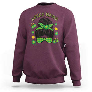 Funny St. Patricks Day Sweatshirt Lucky Mama Messy Bun Mom TS02 Maroon Printyourwear