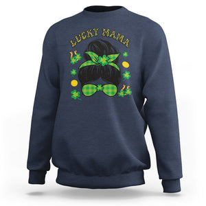 Funny St. Patricks Day Sweatshirt Lucky Mama Messy Bun Mom TS02 Navy Printyourwear