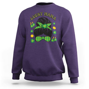 Funny St. Patricks Day Sweatshirt Lucky Mama Messy Bun Mom TS02 Purple Printyourwear