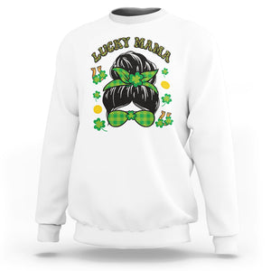 Funny St. Patricks Day Sweatshirt Lucky Mama Messy Bun Mom TS02 White Printyourwear