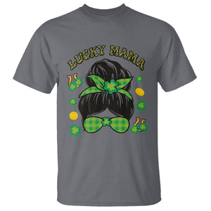 Funny St. Patricks Day T Shirt Lucky Mama Messy Bun Mom TS02 Charcoal Printyourwear