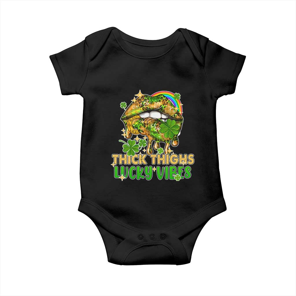 Funny St Patricks Day Women Baby Onesie Thick Thighs Lucky Vibes Leopard Biting Lips TS02 Black Print Your Wear