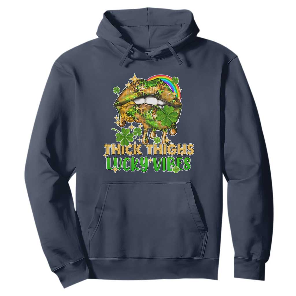 Funny St. Patricks Day Women Hoodie Thick Thighs Lucky Vibes Leopard Biting Lips TS02 Navy Printyourwear