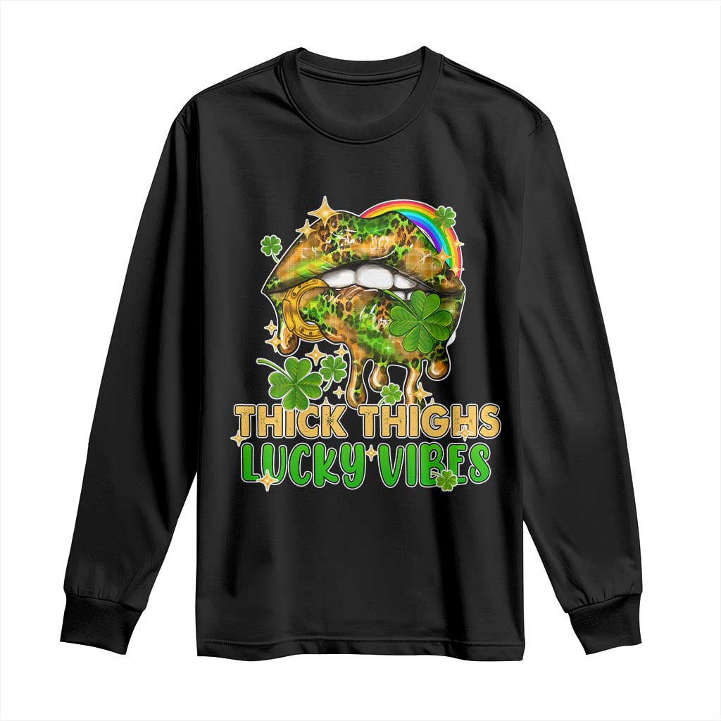 Funny St Patricks Day Women Long Sleeve Shirt Thick Thighs Lucky Vibes Leopard Biting Lips TS02 Black Print Your Wear