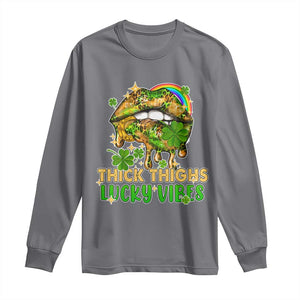 Funny St Patricks Day Women Long Sleeve Shirt Thick Thighs Lucky Vibes Leopard Biting Lips TS02 Charcoal Print Your Wear