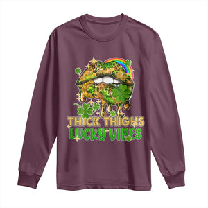 Funny St Patricks Day Women Long Sleeve Shirt Thick Thighs Lucky Vibes Leopard Biting Lips TS02 Maroon Print Your Wear