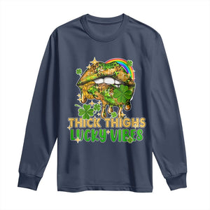 Funny St Patricks Day Women Long Sleeve Shirt Thick Thighs Lucky Vibes Leopard Biting Lips TS02 Navy Print Your Wear