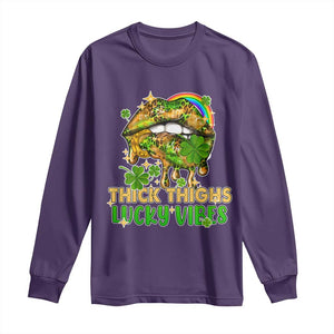 Funny St Patricks Day Women Long Sleeve Shirt Thick Thighs Lucky Vibes Leopard Biting Lips TS02 Purple Print Your Wear