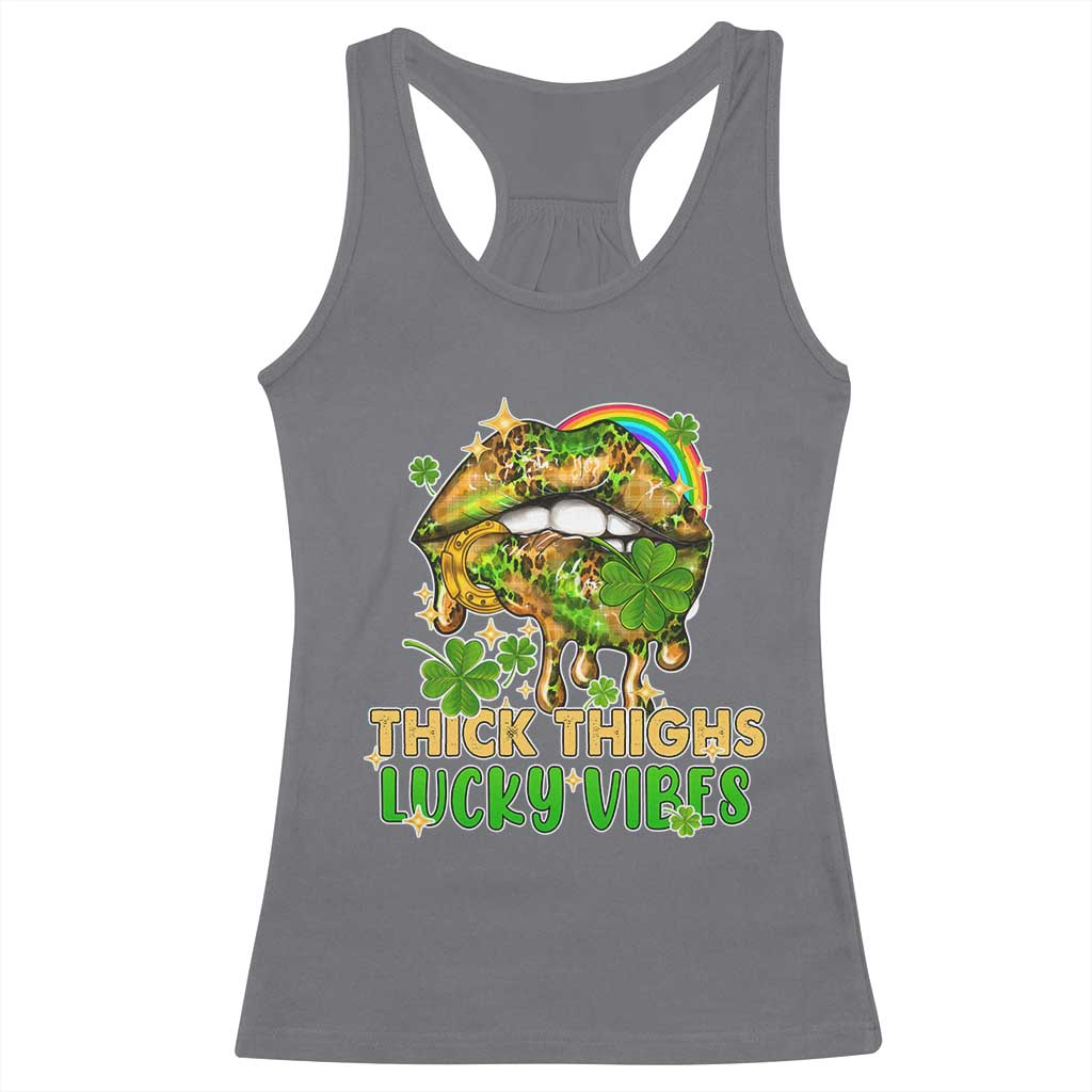 Funny St Patricks Day Women Racerback Tank Top Thick Thighs Lucky Vibes Leopard Biting Lips TS02 Charcoal Print Your Wear