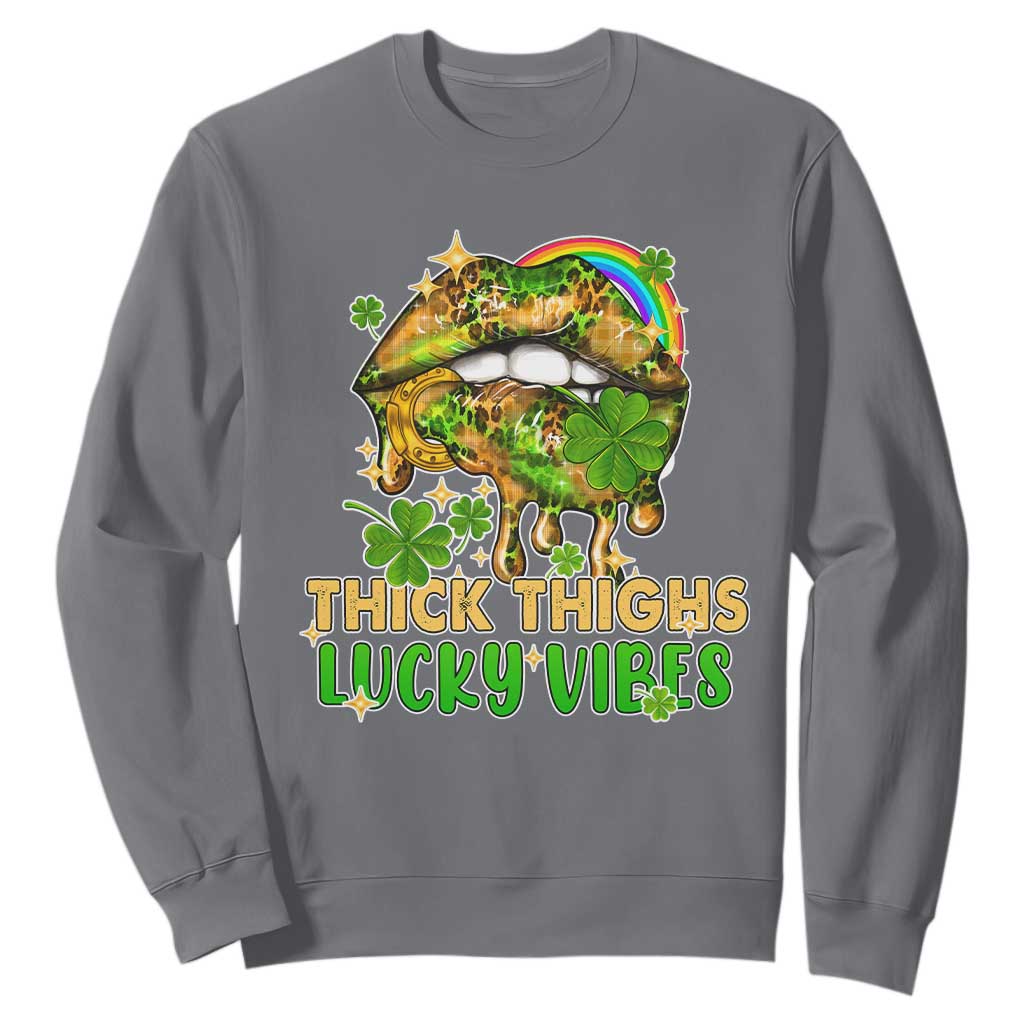 Funny St. Patricks Day Women Sweatshirt Thick Thighs Lucky Vibes Leopard Biting Lips TS02 Charcoal Printyourwear