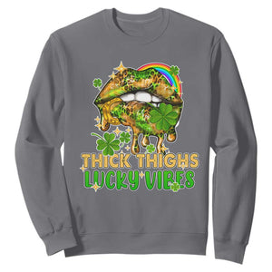 Funny St. Patricks Day Women Sweatshirt Thick Thighs Lucky Vibes Leopard Biting Lips TS02 Charcoal Printyourwear