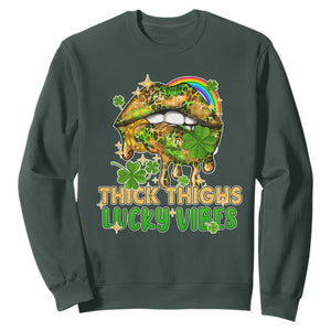 Funny St. Patricks Day Women Sweatshirt Thick Thighs Lucky Vibes Leopard Biting Lips TS02 Dark Forest Green Printyourwear