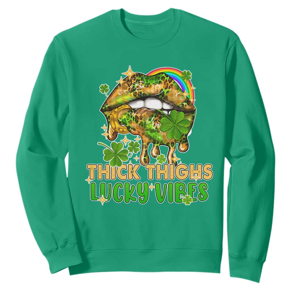 Funny St. Patricks Day Women Sweatshirt Thick Thighs Lucky Vibes Leopard Biting Lips TS02 Irish Green Printyourwear