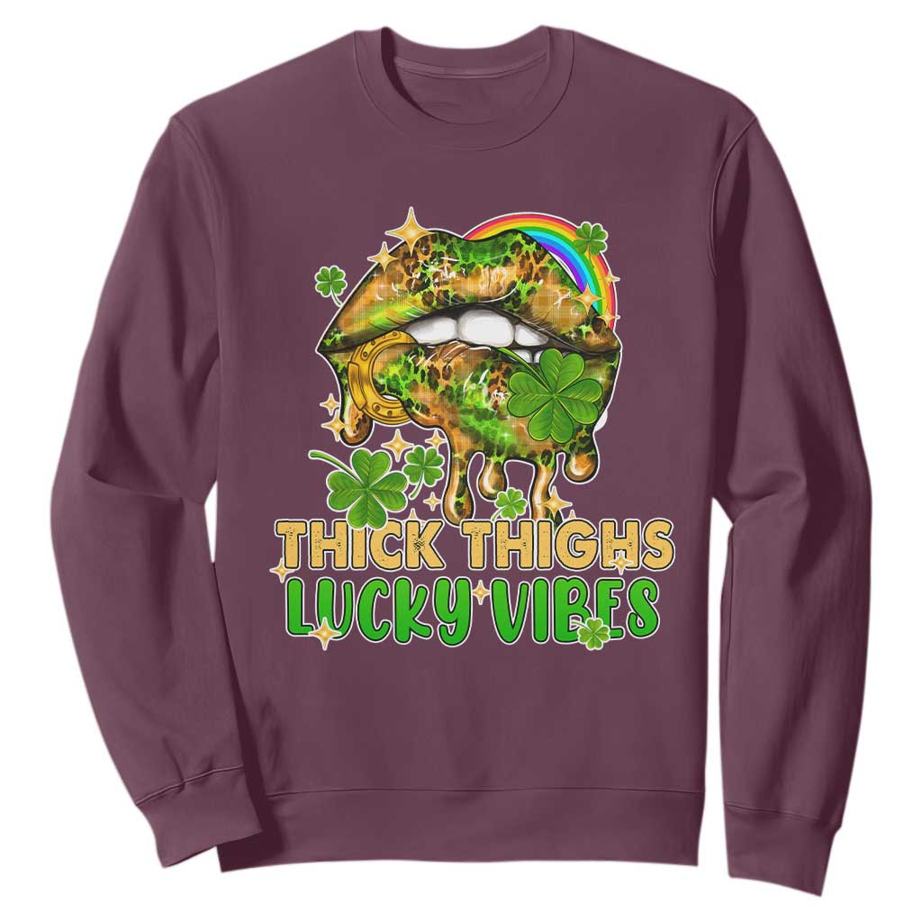 Funny St. Patricks Day Women Sweatshirt Thick Thighs Lucky Vibes Leopard Biting Lips TS02 Maroon Printyourwear