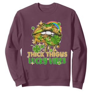 Funny St. Patricks Day Women Sweatshirt Thick Thighs Lucky Vibes Leopard Biting Lips TS02 Maroon Printyourwear