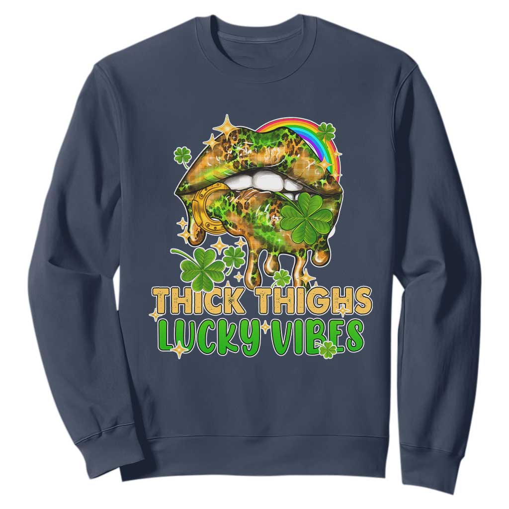 Funny St. Patricks Day Women Sweatshirt Thick Thighs Lucky Vibes Leopard Biting Lips TS02 Navy Printyourwear