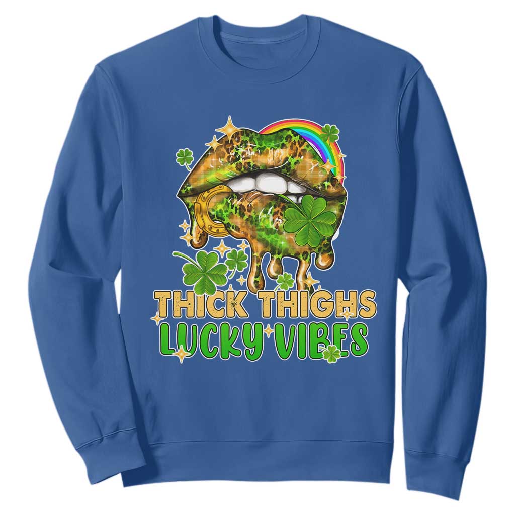 Funny St. Patricks Day Women Sweatshirt Thick Thighs Lucky Vibes Leopard Biting Lips TS02 Royal Blue Printyourwear