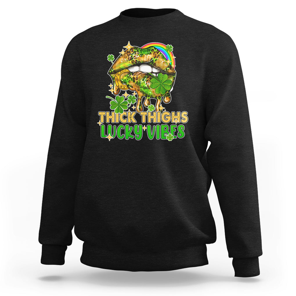 Funny St. Patricks Day Women Sweatshirt Thick Thighs Lucky Vibes Leopard Biting Lips TS02 Black Printyourwear