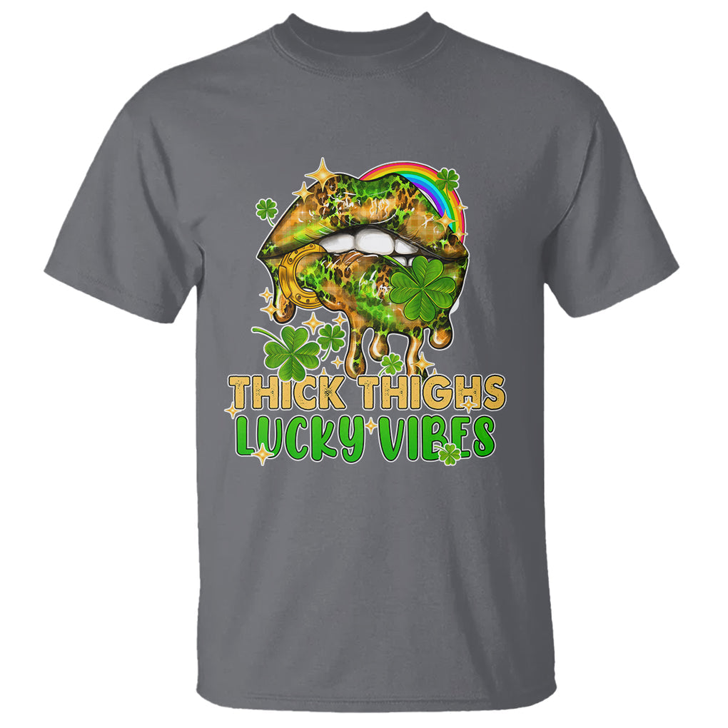 Funny St. Patricks Day Women T Shirt Thick Thighs Lucky Vibes Leopard Biting Lips TS02 Charcoal Printyourwear