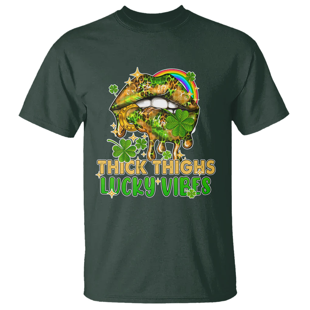 Funny St. Patricks Day Women T Shirt Thick Thighs Lucky Vibes Leopard Biting Lips TS02 Dark Forest Green Printyourwear