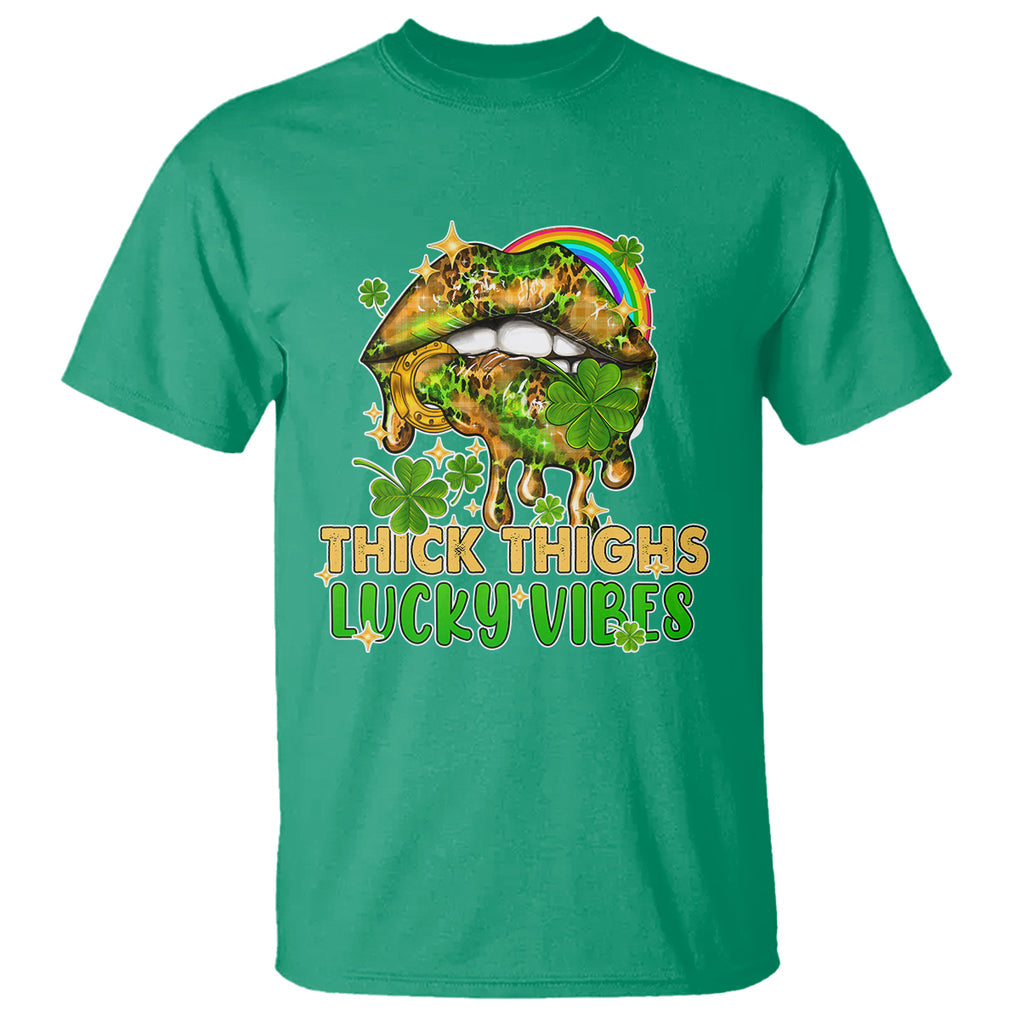 Funny St. Patricks Day Women T Shirt Thick Thighs Lucky Vibes Leopard Biting Lips TS02 Irish Green Printyourwear