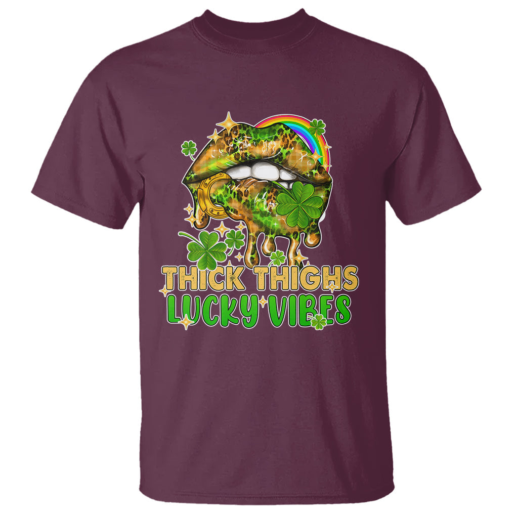 Funny St. Patricks Day Women T Shirt Thick Thighs Lucky Vibes Leopard Biting Lips TS02 Maroon Printyourwear