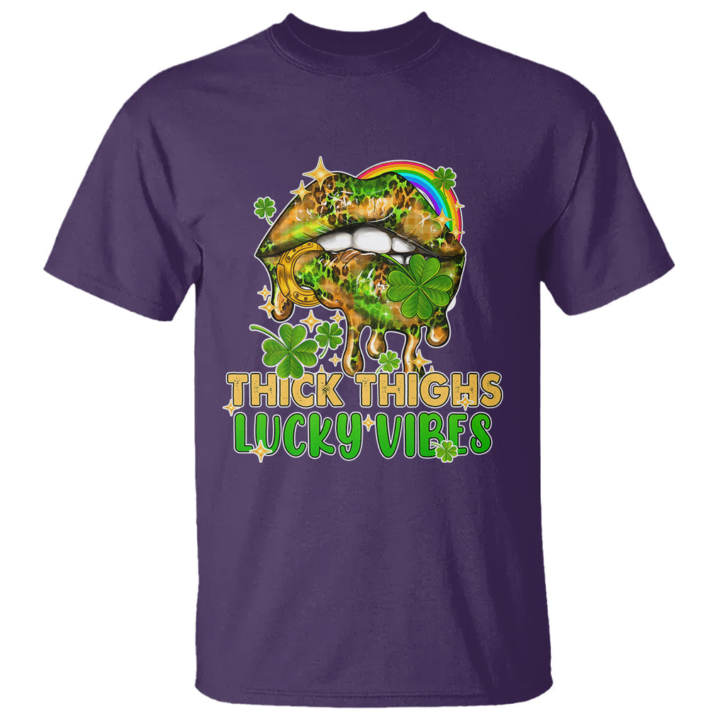 Funny St. Patricks Day Women T Shirt Thick Thighs Lucky Vibes Leopard Biting Lips TS02 Purple Printyourwear