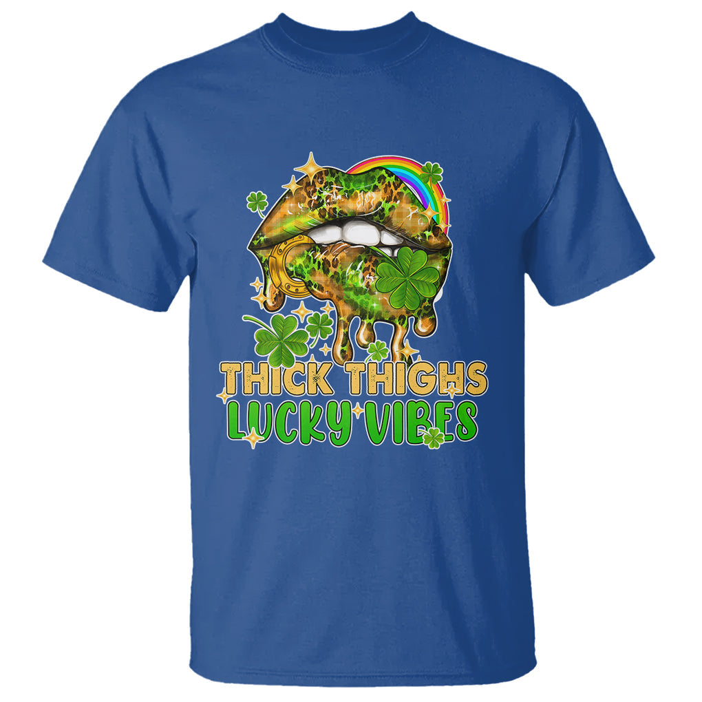 Funny St. Patricks Day Women T Shirt Thick Thighs Lucky Vibes Leopard Biting Lips TS02 Royal Blue Printyourwear