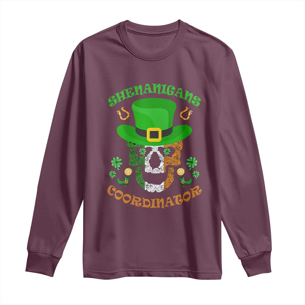 Irish Skull Long Sleeve Shirt Shenanigans Coordinator St Patrick's Day TS02 Maroon Print Your Wear